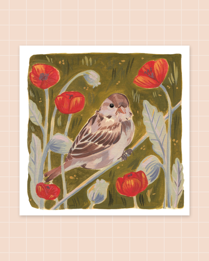Bird in Poppies | Square Print